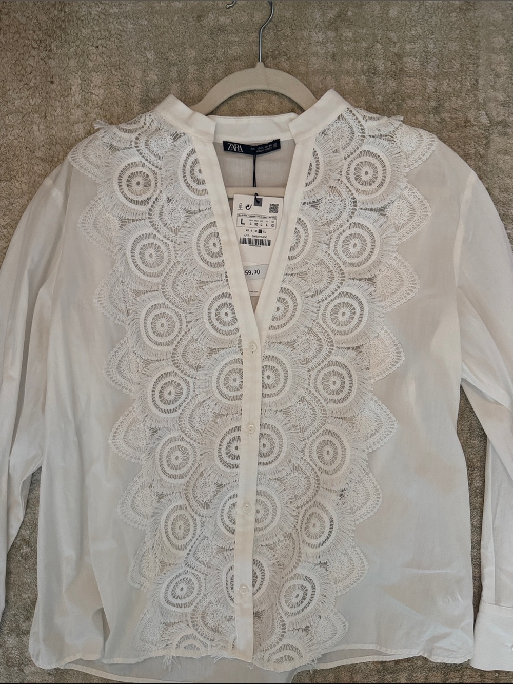 ZARA White Lace-Front Button Down Blouse